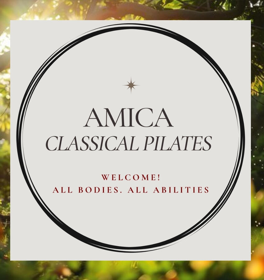 Three photos of the Amica Classical Pilates logo, studio space, and Riverdale Park located next door.